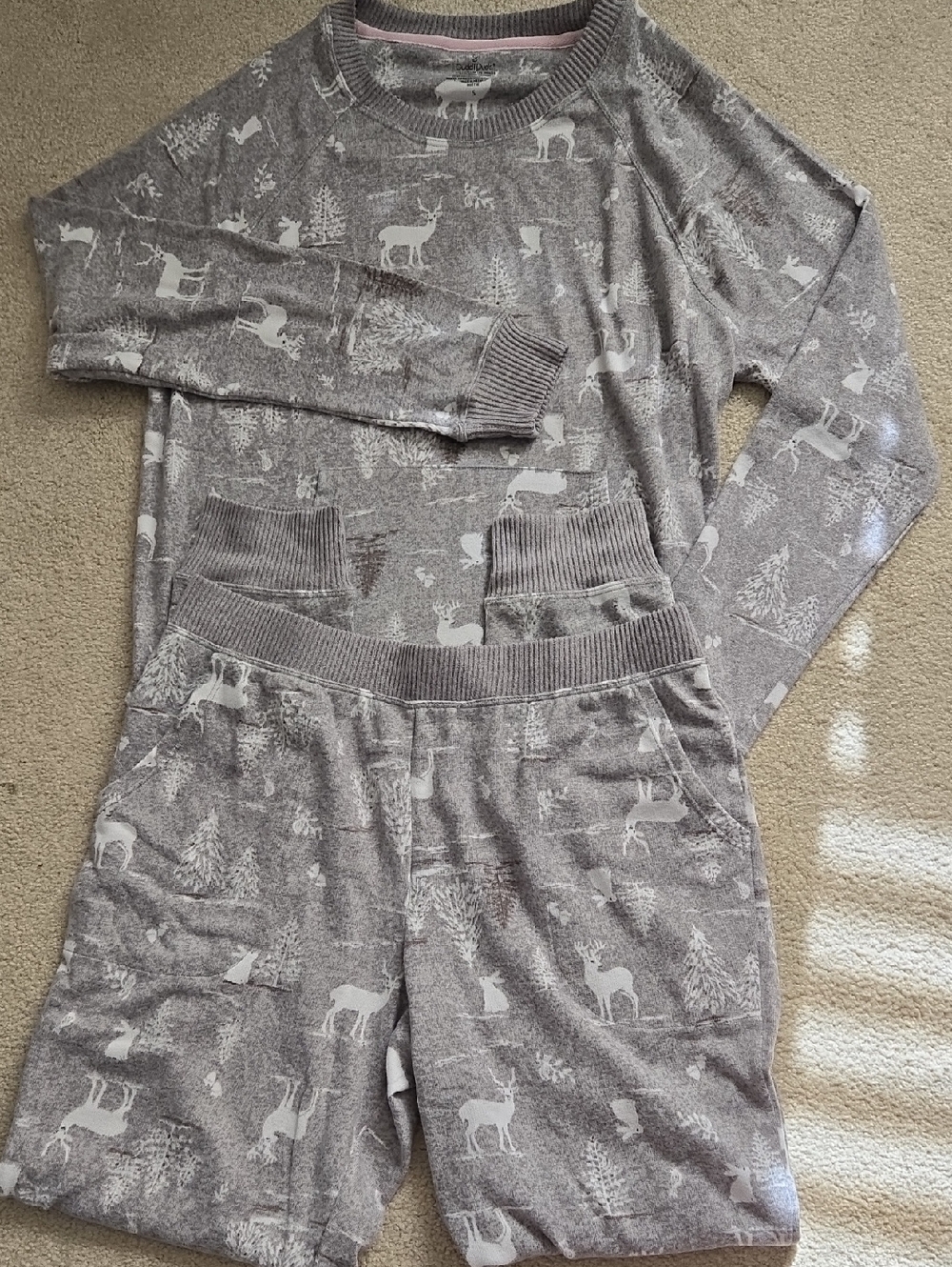 NWT Cuddl Duds Sweater Knit Gray Heather Forest 2 Piece Pajamas, Size S